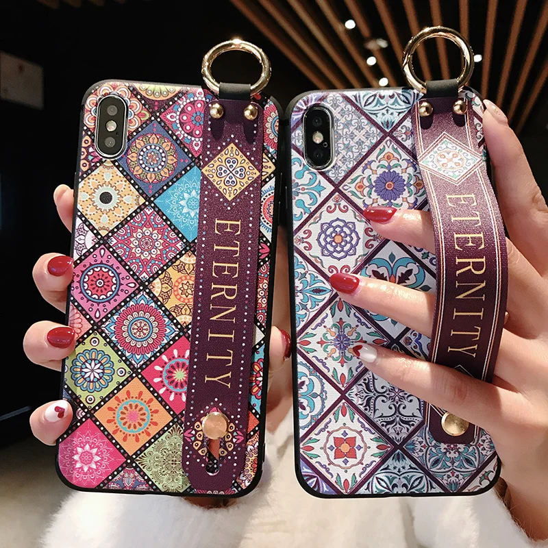 SoCouple Wrist Strap Soft TPU Phone Case For iphone 7 8 6 6s plus Case For iphone X Xs max XR Vintage Flower Pattern Holder Case