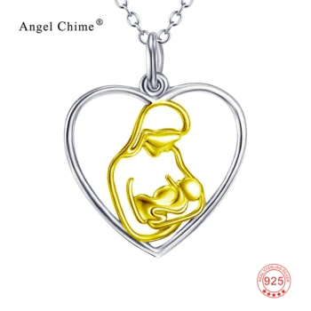 

Gold Mom Hold Child Charm Pure 925 Sterling Silver Pendant Statement Necklace Mother's Day Gift Kolye Jewelry