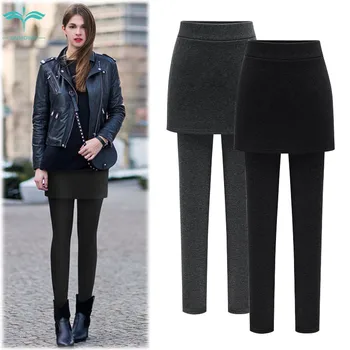 

OUMOWEI Women's Trousers Large Size Bag Hip Skirt Pants Autumn Leggings Plus Velvet Thickening Wear Pants Warm Thin Feet Pants