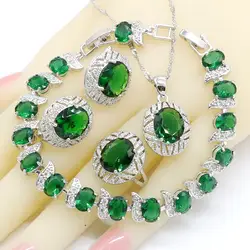 Зеленый полудрагоценный 925 серебряные ювелирные наборы для женщин свадебный браслет серьги кольца ожерелье кулон подарок на день рождения