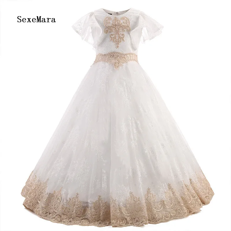 Real Picture Champagne Lace Puffy Flower Girls Dress for Wedding O Neck Tulle Girls Pageant Dress Birthday Gown Custom Made Size