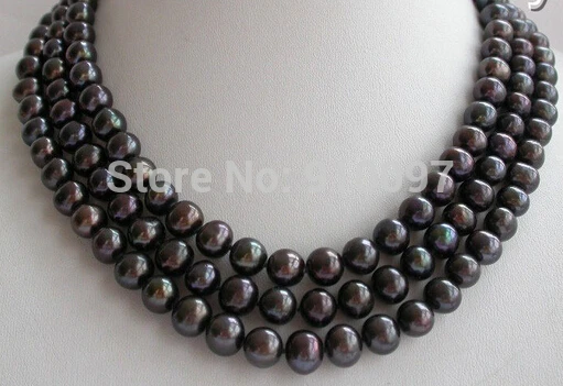 

LHX54013>>>>>stunning super 3rows 10mm round black freshwater pearl necklace 14K
