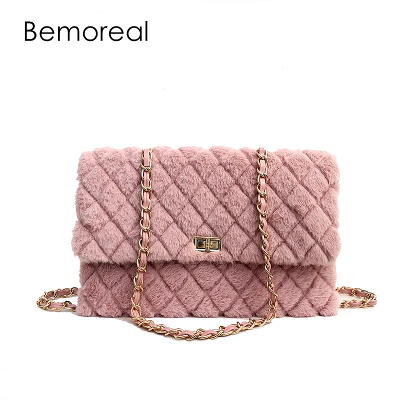 

Bemoreal crossbody bags for women luxury bag handbags Faux Fur Fashion Plaid ladies hand bags messenger bag pink clutch