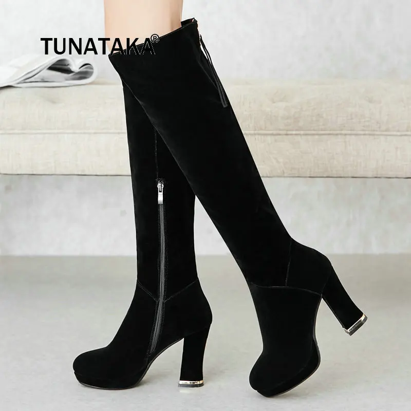 

Faux Suede Platform Square High Heel Woman Knee High Boots Fashion Side Zipper Ladies Calf Boots Black