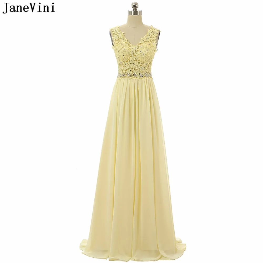 

JaneVini 2019 Elegant Yellow Chiffon Plus Size Long Bridesmaid Dresses V Neck Lace Applique Beaded Floor Length Prom Party Gowns
