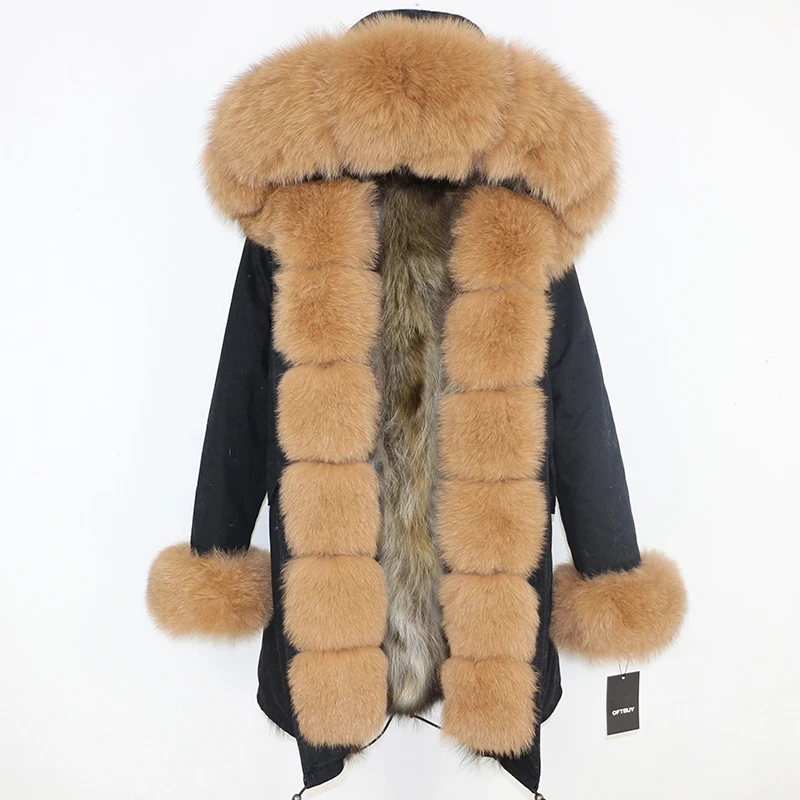 OFTBUY, длинная парка, зимняя куртка для женщин, натуральный Лисий мех енота, пальто с воротником, толстая теплая верхняя одежда, уличная одежда, съемная - Цвет: black camel