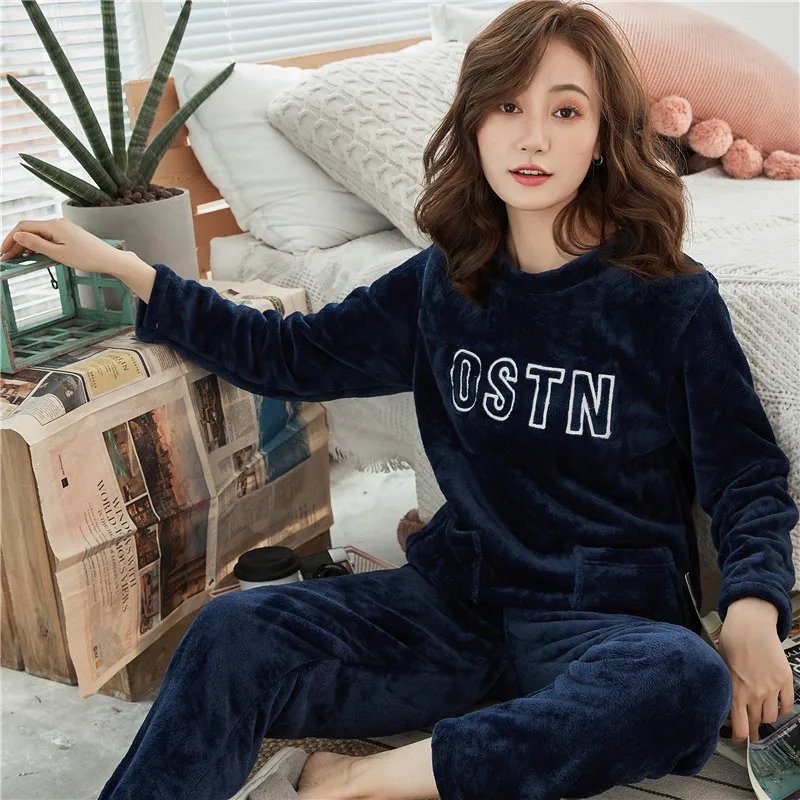 Women Sleepwear Pyjama Suit Embroidery Thick Warm Cute Sleep Pajamas Set Girls Coral Fleece Pajamas for Women Flannel Homewear