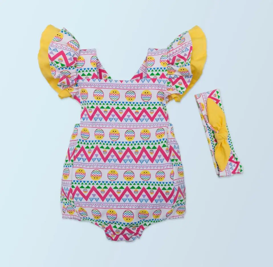 

2PC per Set Summer Baby Girl Clothes Infant Cute Chickens Printed Romper Cool Infant Girl Outfit Bowknot Headband for 0-24months