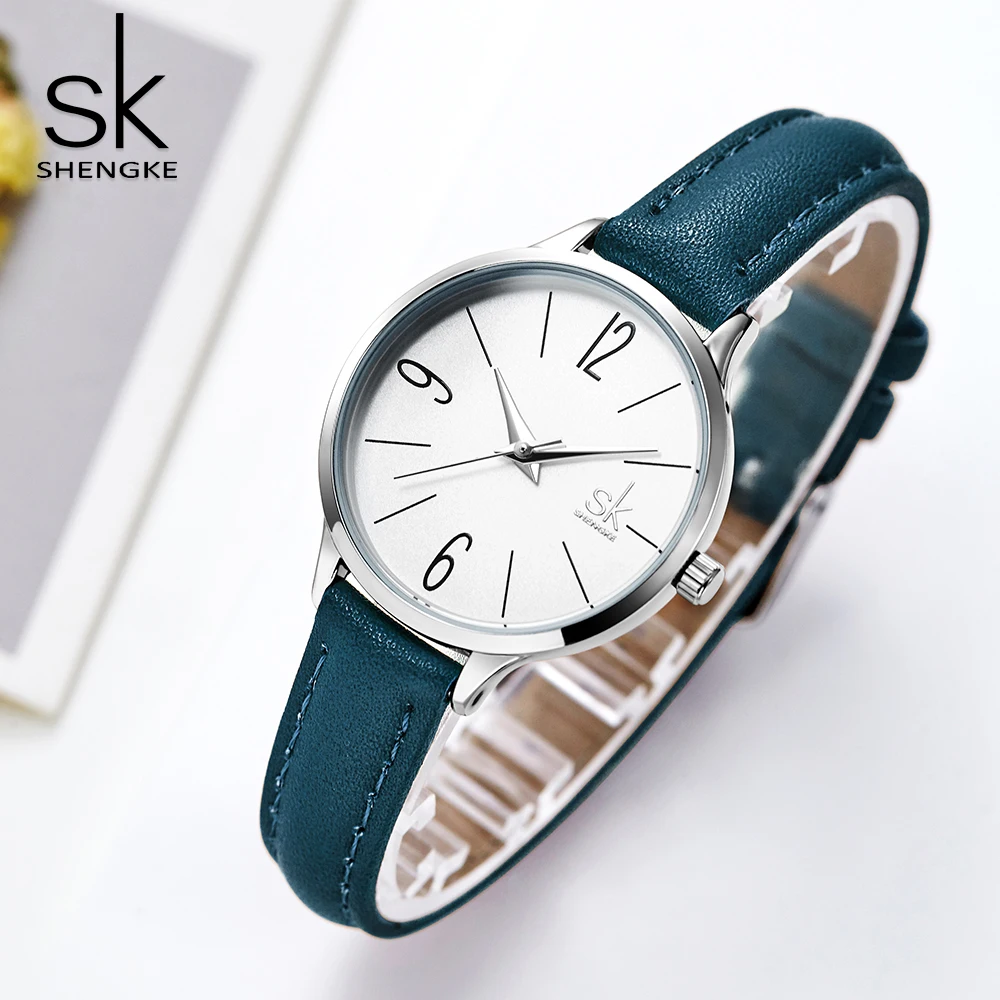 

2019 New Shengke Fashion Watch Women Casual Leather Quartz Watch Round Wrist Watch Women Blue Band Relogio Feminino Reloj Mujer