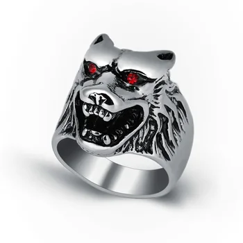 

Red Crystal Eyes Cool Wolf Head Rings For Men Stainless Steel Punk Biker Rings Fashion Male Animal Jewelry Party Gift (A016)