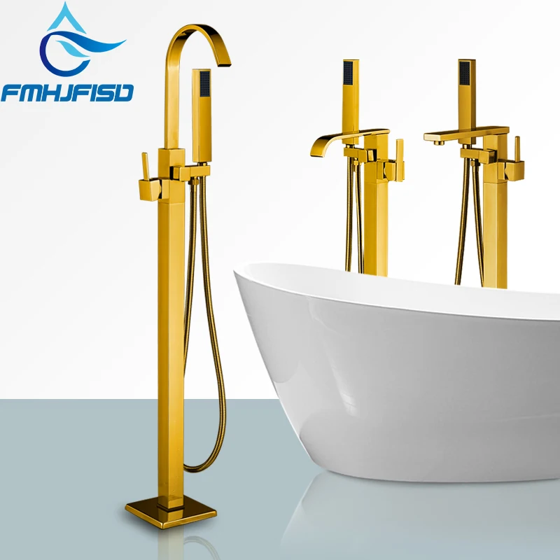 Polished Golden Tub Faucets Bathroom Floor Stand Bathtub Faucet Mixer