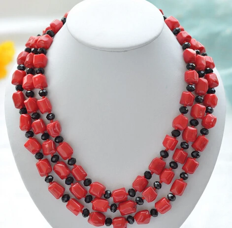 

Jew2783 3row 12x14mm massive red coral black agate NECKLACE