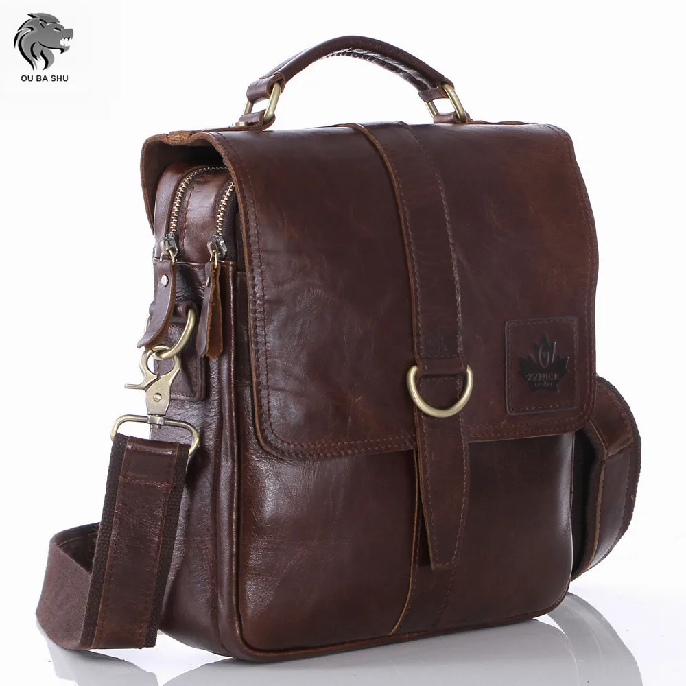OU BA SHU High Quality Genuine Oil Wax Leather font b Briefcases b font Laptop font