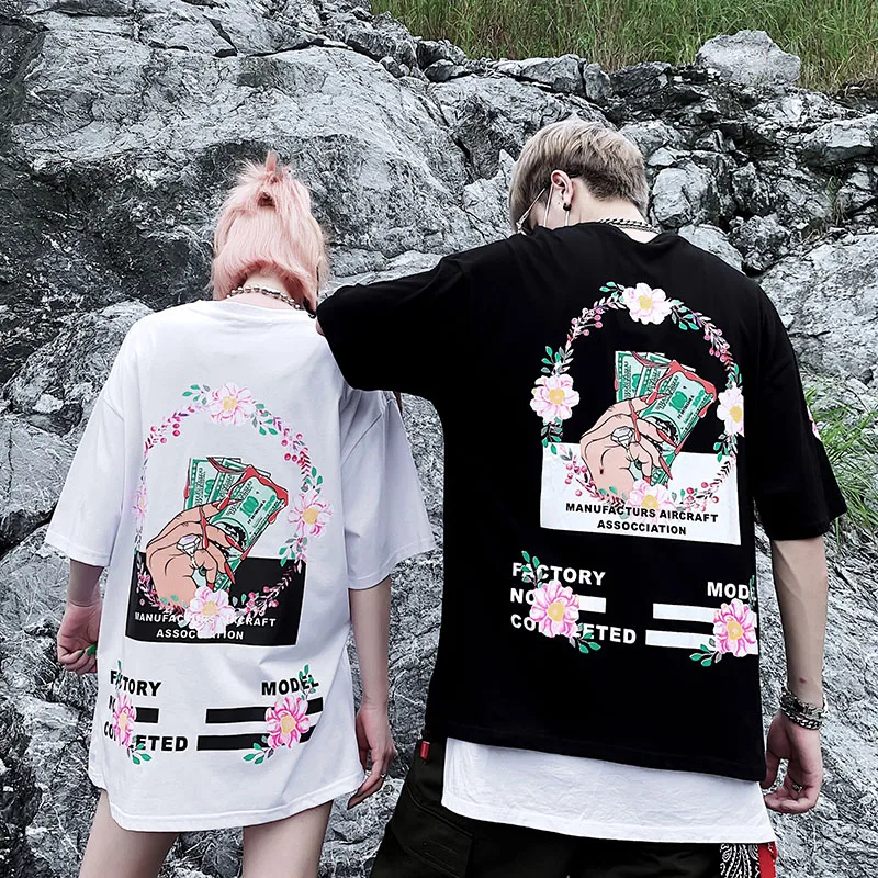 

2019 Summer New High Quality Money Dollar Print Short Sleeve Shirt Couple Male Rock Band Oversized Cotton Female Tee