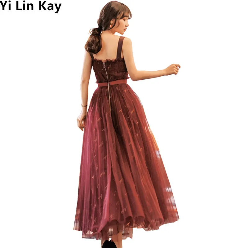 

Yi Lin Kay 2019 Summer new Fashion runway embroidery tulle halter dress sexy Tall waist lace-up Long dress Vestido