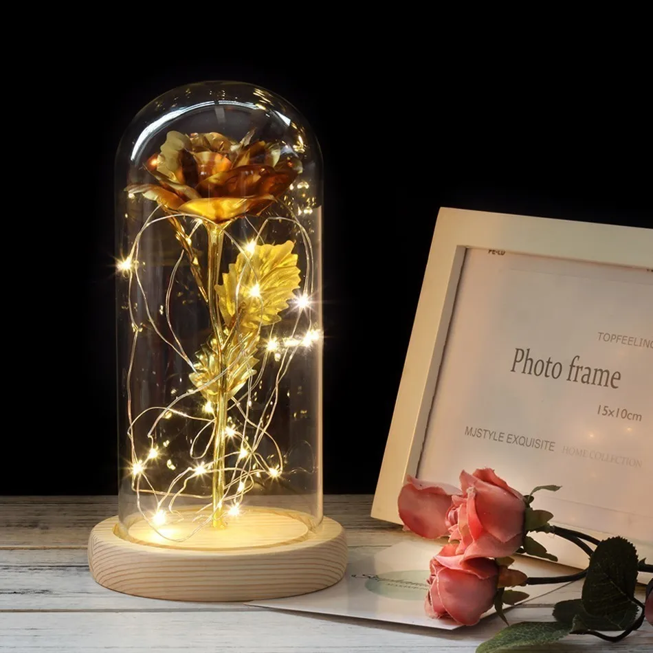 NEW Beauty And Beast Eternal Flower Rose In Flask Wedding Decoration Artificial Flowers In Glass Cover For Valentine's Day Gifts - Цвет: Gold