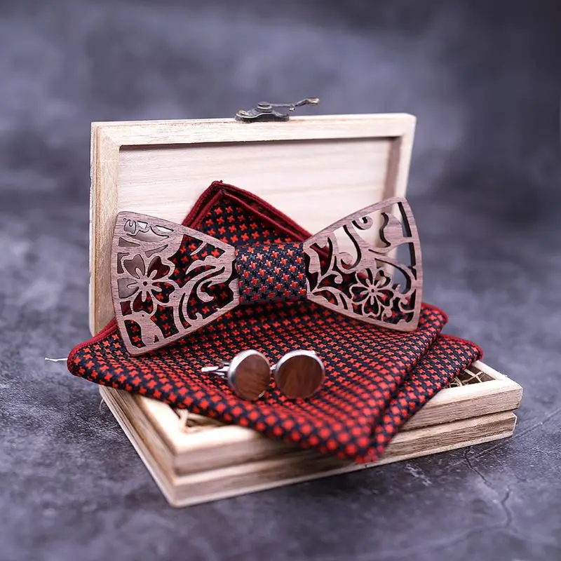 

Black Walnut Flower Hollowed Bow Tie Men Wedding Party Business Wood Bow Tie Set Handkerchief Cufflinks