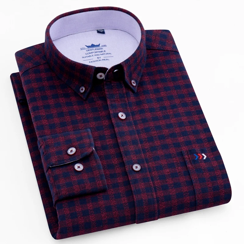 

Men's Brushed Plaid Checkered Button Down Shirt Patch Chest Pocket Long Sleeve Regular-fit Comfortable 100% Cotton Thick Shirts