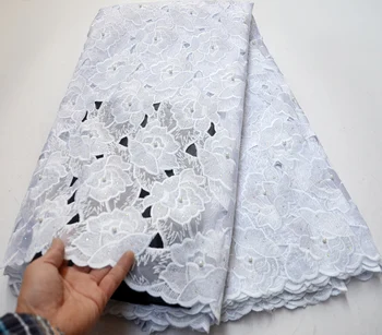 

5 yard African Lace Fabric Guipure Lace embroidery beaded tulle lace White French Net Laces Fabric With Stone High Quality