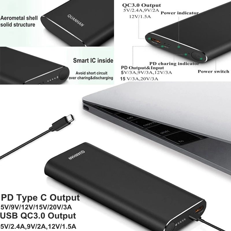 Power Bank 20000mah QC 3.0 PD 45W 60W for Macbook Pro Notebook Samsung