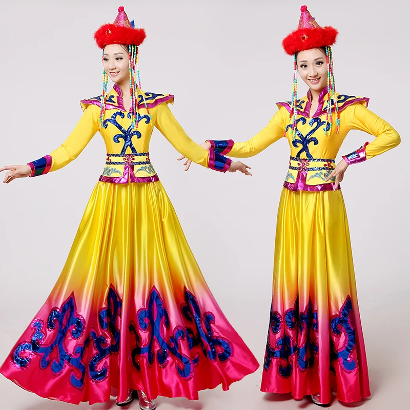 

New style Yellow Mongolian clothing Stage performance wear Dance skirt gown Mongolian Dance Costumes Chinese folk dance costume