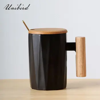 

Unibird Nordic Style Wooden Handle Ceramic Mugs Porcelain Coffee Mugs and Cups Wedding Gift Home Office Drinkware 330ML