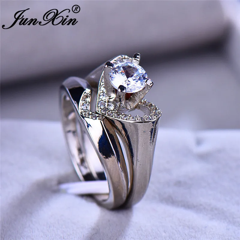 JUNXIN Brand Female White Crystal Wedding Ring Set 925 Silver Filled Heart Engagement Ring Zircon Vintage Bridal Rings For Women