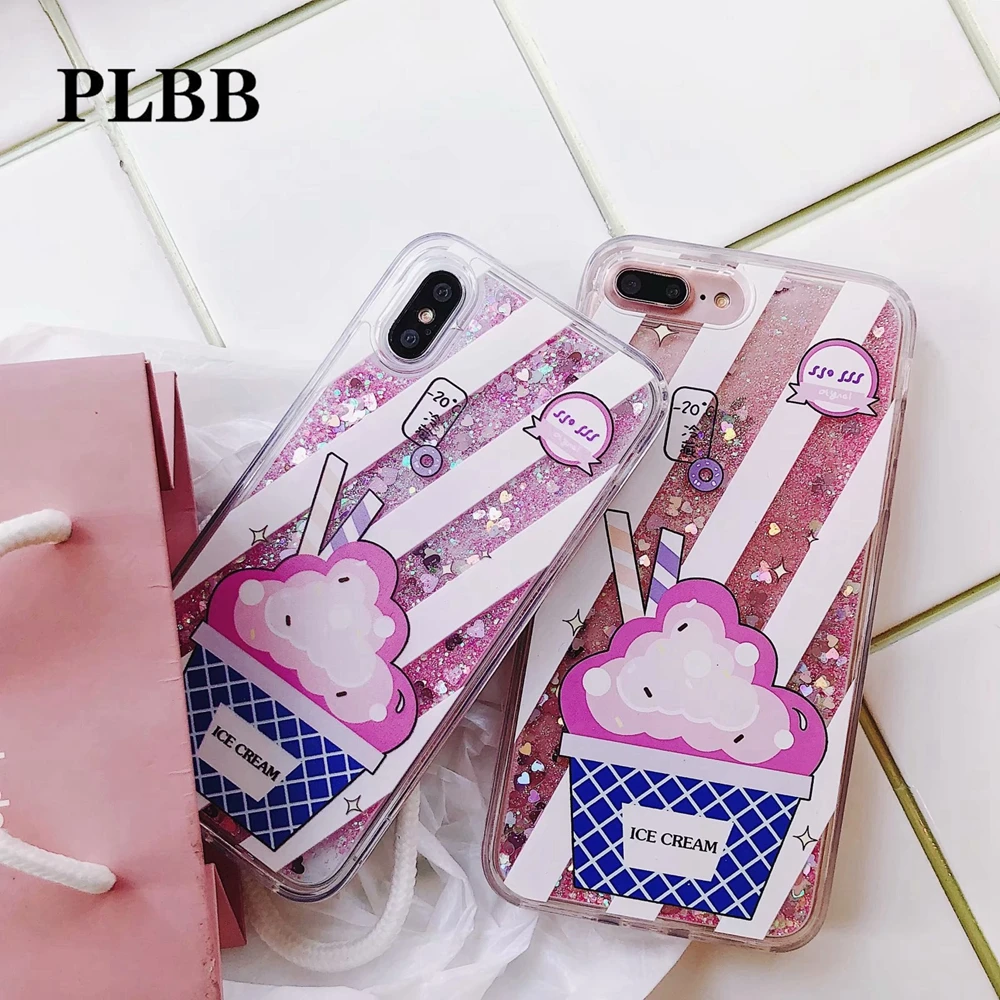 PLBB Fashion Girls Ice Cream Cake Glitter Liquid Quicksand Capa Case for iPhone X 6 6S 7 8 Plus Bling Sequin Dynamic Phone Cover | Мобильные