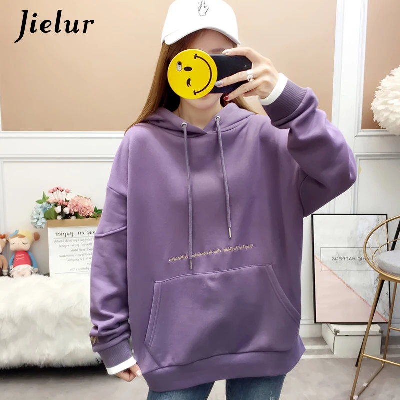 Jielur Harajuku Hoodie Kpop Kawaii Purple White Fleece Winter Hoodies Women M XXL Embroidery