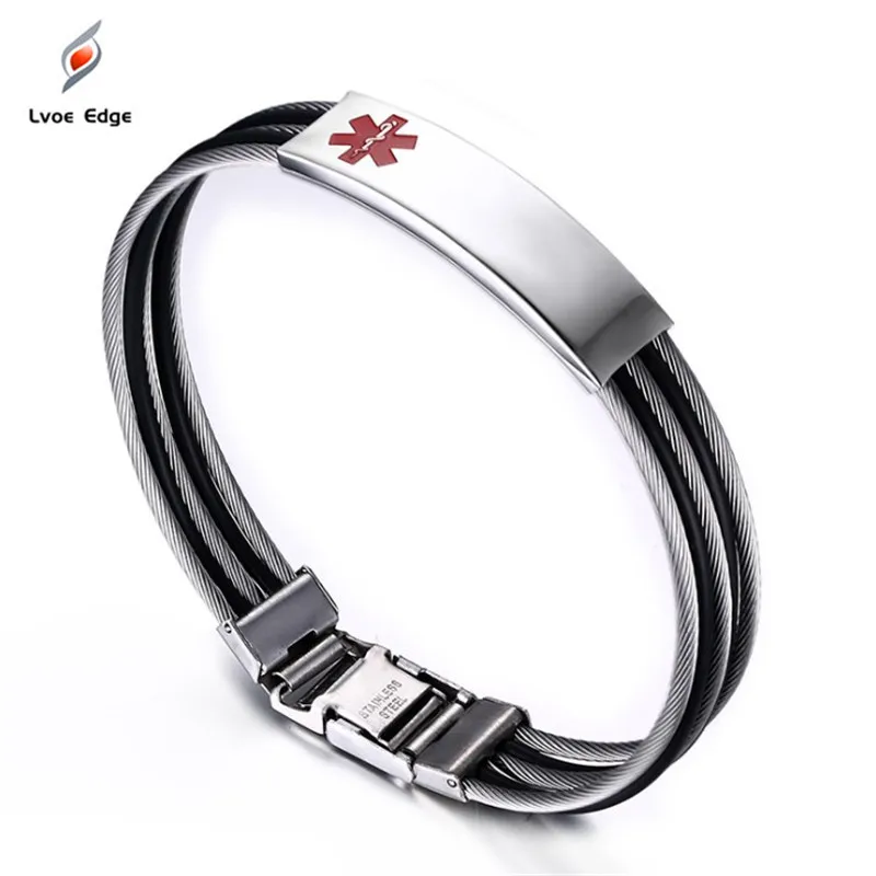 

2019 NEW Men Triple Cable Medical Alert Tag Bracelet Stainless Steel Cuff Bangles Jewerly for Women Jewelry Exempt postage