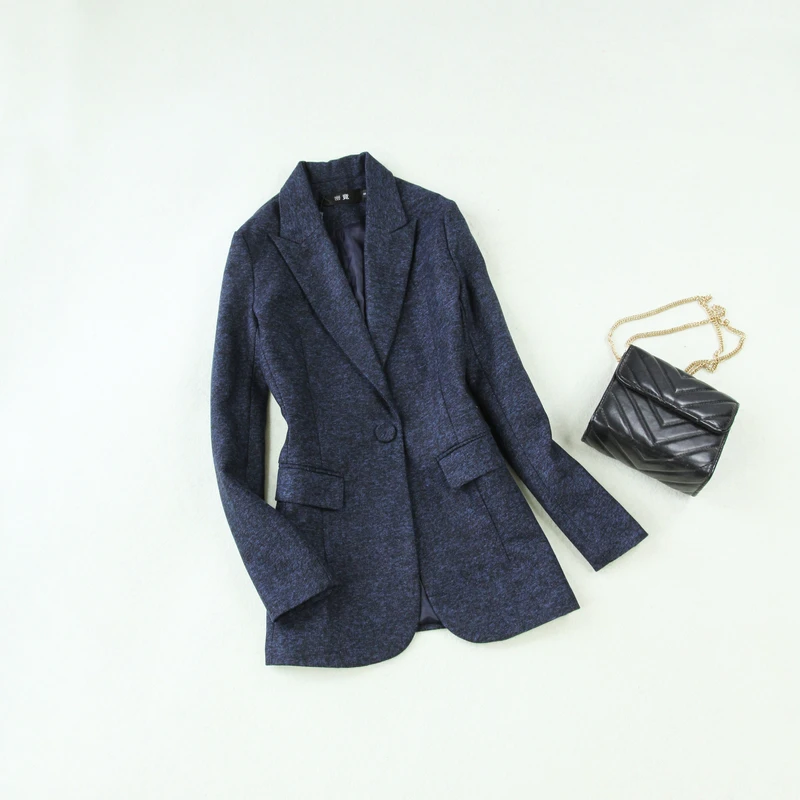 Women's suit set 2019 winter new large size Tibetan blue herringbone Slim long-sleeved suit wild high waist wide leg pants suit