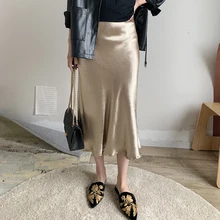 Sitruuna Self Design Summer glossy satin trumpet women high waist skirt Silver gold long skirt Metallic Color party female skirt