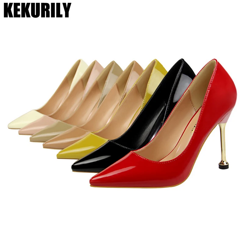 

Woman Shoes Occupation High Heels Sandals Patent Leather Pointed Toe Shoes Metal Heel Slip on Pumps Black Red White Yellow Pink