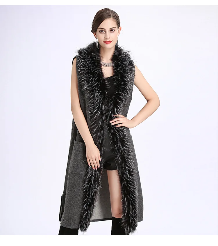 Осенне-зимний женский черный жилет с v-образным вырезом, куртка женская мода, воротник из искусственного меха, без рукавов, вязаный кардиган, пончо