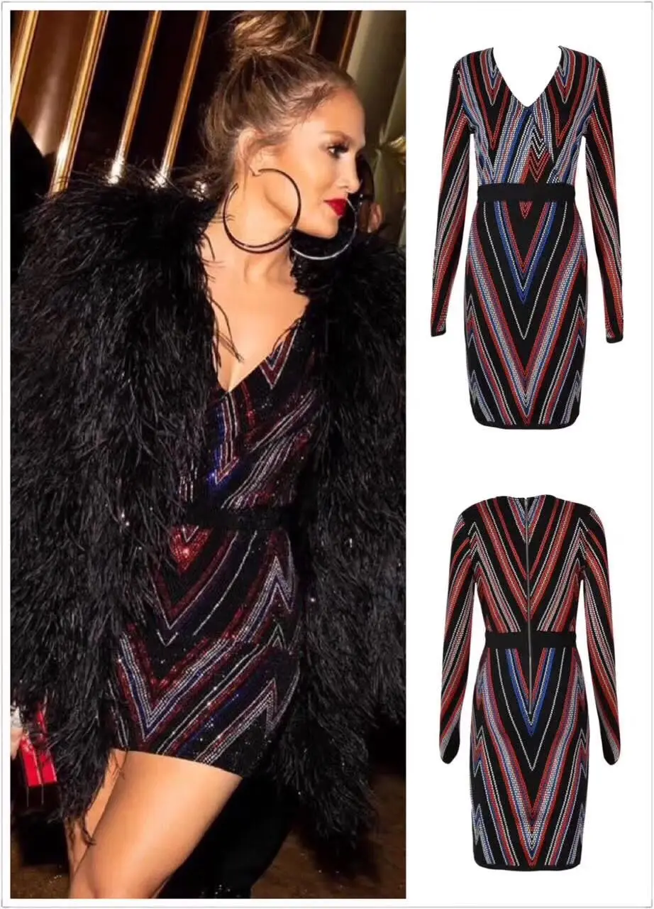 

High Quality 2018 new multicolor Jacquard striped Elegant Women Vestido V-Neck long sleeve Bandage Celebrity Party dress
