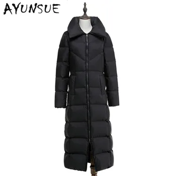 

European Fashion Down Coat Winter Jacket Women 90% White Duck Down X-Long Warm Stand Collar Black Slim Style Casual Thicken XC05