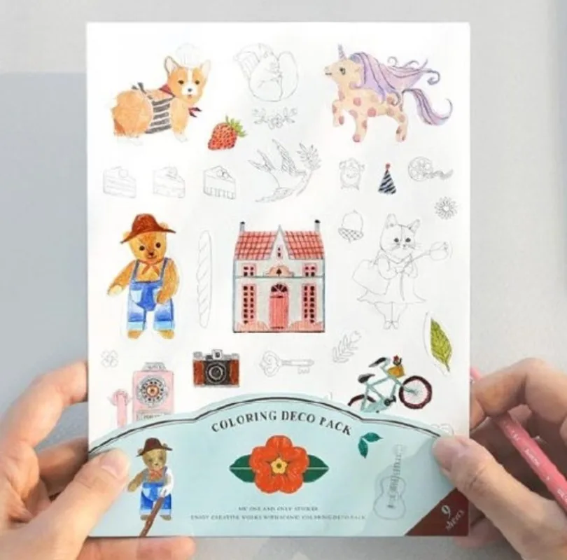 

9sheets handmade stickers for coloring DIY cute cartoon bear& flower crown & words sticker adhesive stationery sticker set