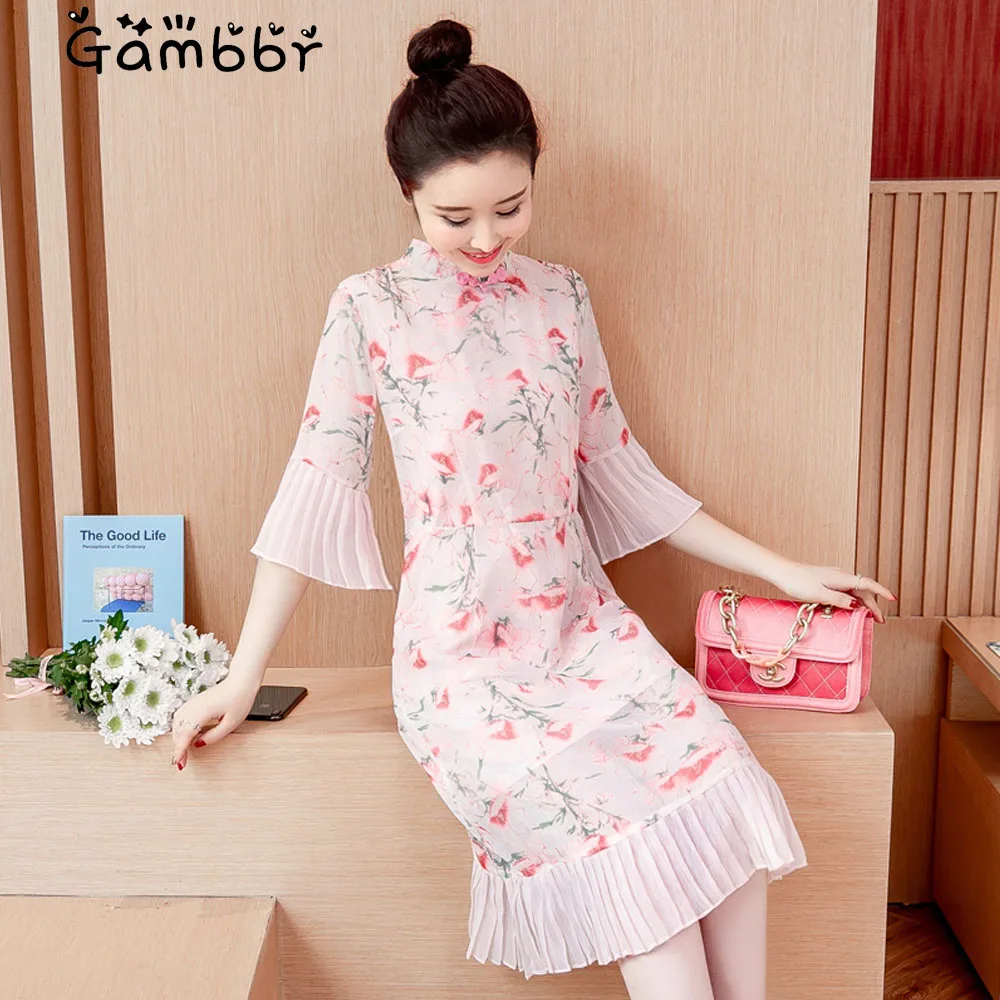 

Plus Size Floral Print Chiffon Dress 2019 Summer Flare Sleeve Loose Button Zipper Patchwork Elegant Vintage Fashionable Dresses