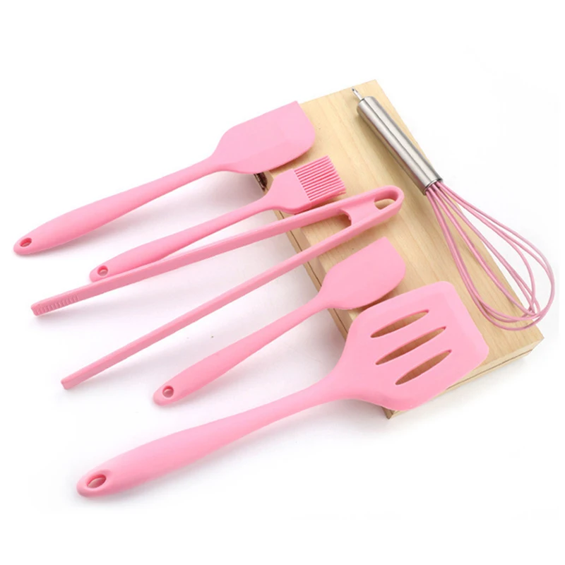 6Pcs/Set Pink Silicone Cooking Tool Sets Egg Beater Spoon Clip Spatula Oil Brush Kitchenware Kitchen Utensils Sets Accessories