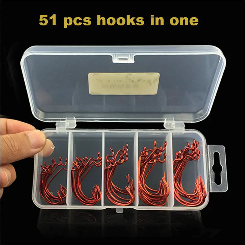 51pcs/set Red Worm Hook High Carbon Steel Fishing Hook For Texas Rig