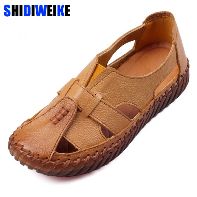 Women's Sandals 2018 Summer Genuine Leather Handmade Ladies Shoe Leather Sandals Women Flats Retro Style Mother Shoes m825