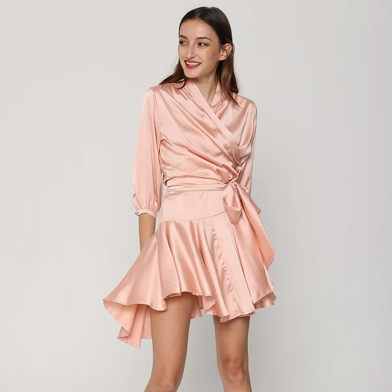 TWOTWINSTYLE мини-платье с поясом женское платье с v-образным вырезом и высокой талией негабаритное ДРАПИРОВАННОЕ асимметричное летнее платье модная Милая одежда - Цвет: Pink Dress