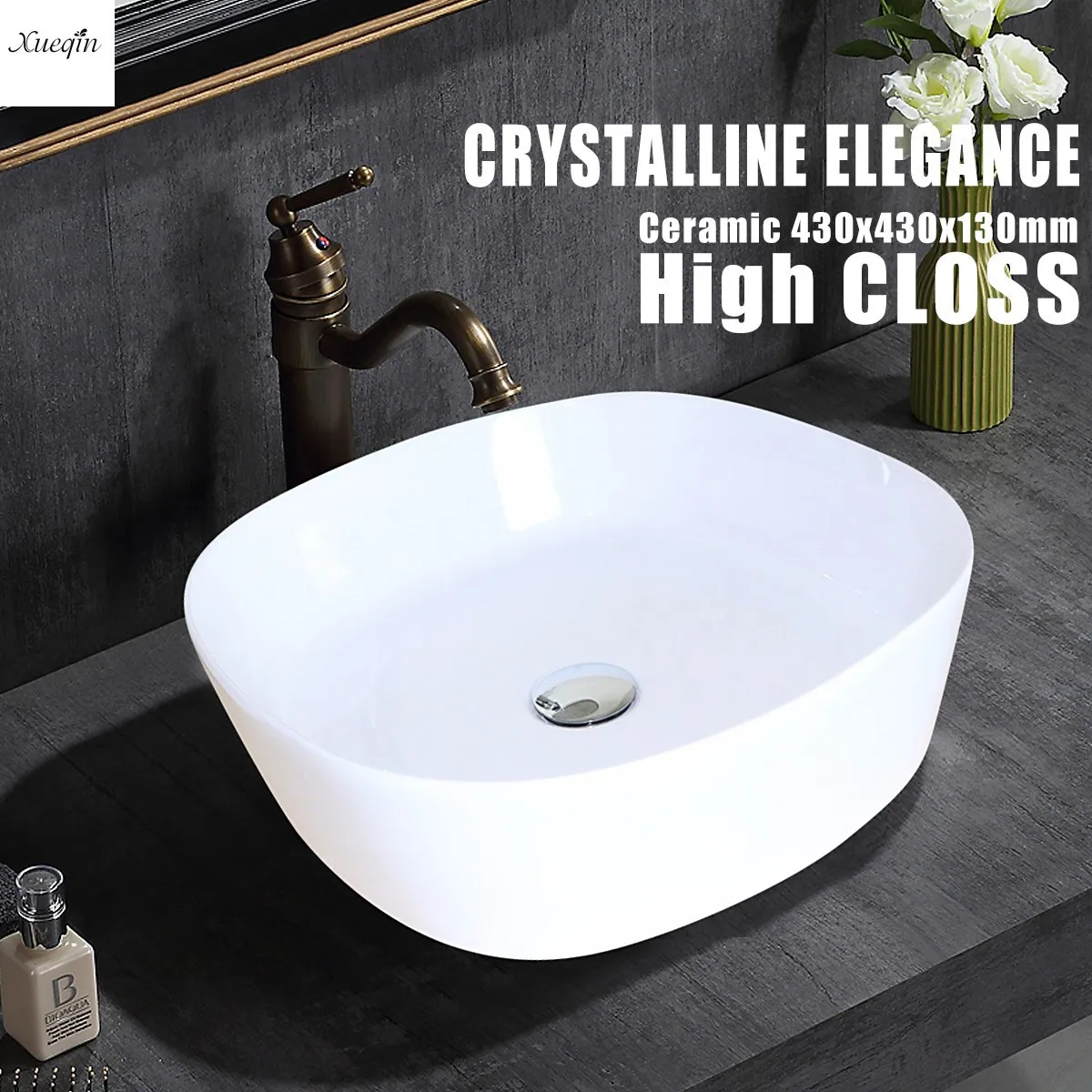 

1Pcs Xueqin White Square Bathroom Porcelain Ceramic Vessel Sink Basin Bowl Faucet Sink 430x430x130mm Lavatory Wash Basin