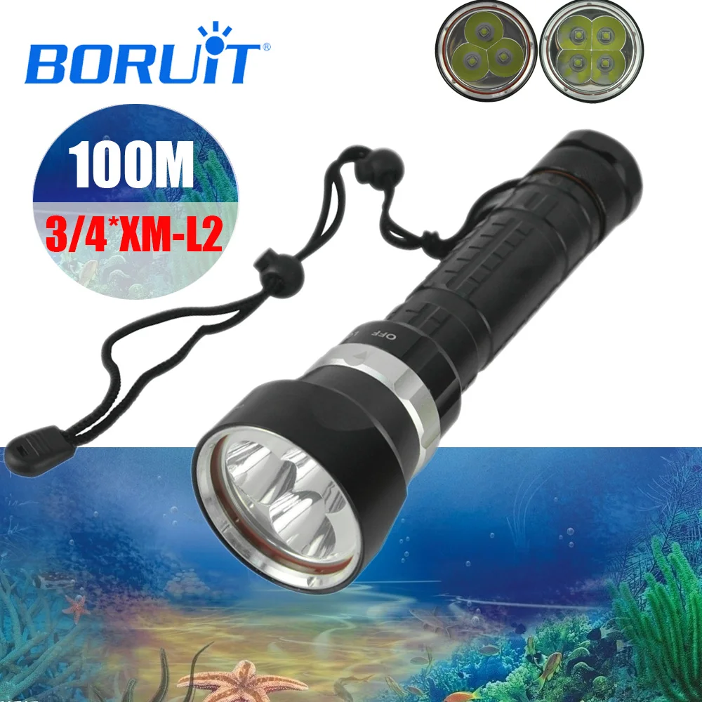 

BORUIT Hand Lantern XML L2 LED Scuba Diving Flashlight Torch Underwater 100M Waterproof Tactical Submarine Lamp By 18650 Battery