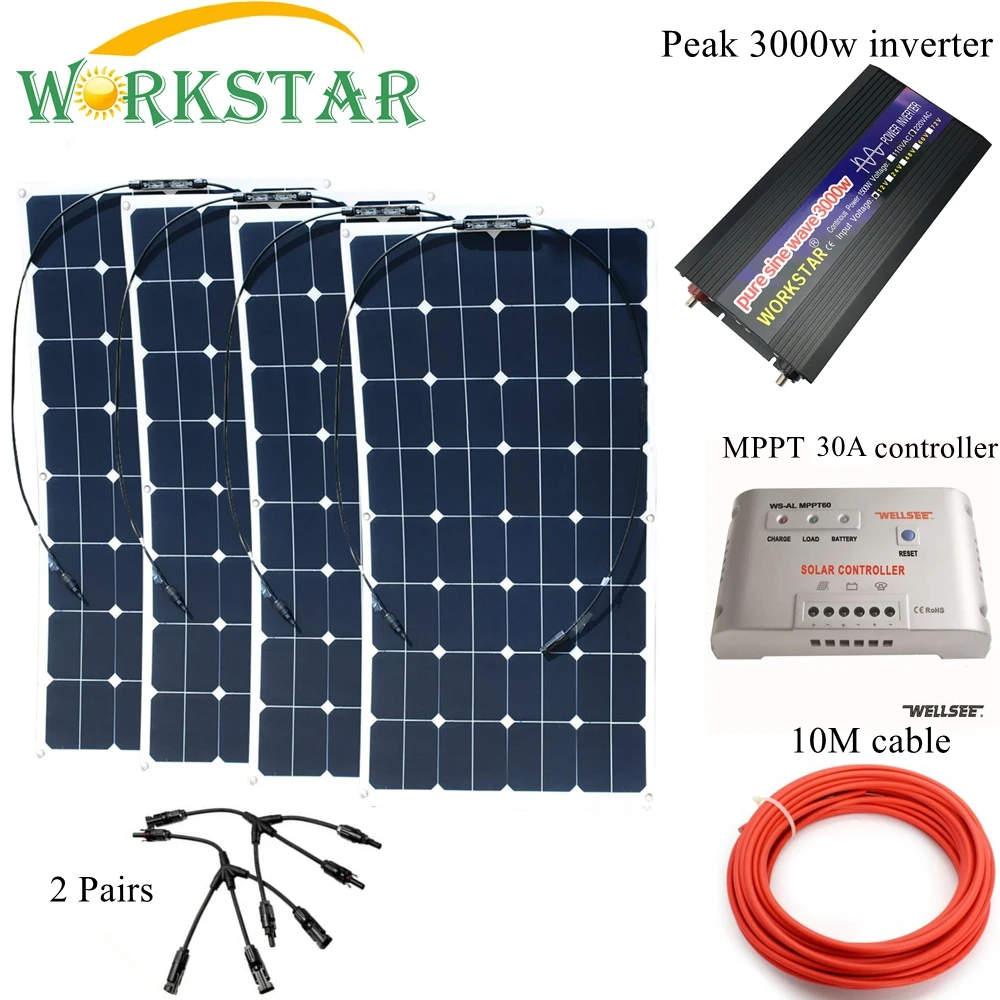 

WORKSTAR 4*100W Sunpower Flexible Solar Panels with 30A Controller and 3000W Inverter 400W solar System Kit for Beginner