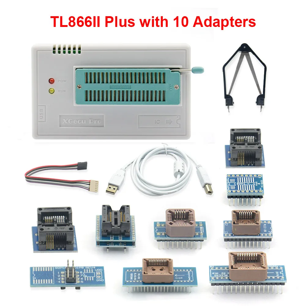 Новейший V9.0 TL866II плюс универсальный minipro программатор TL866 nand flash AVR PIC bios USB программатор+ 28 шт. адаптер - Цвет: TL866II with 10 Adap