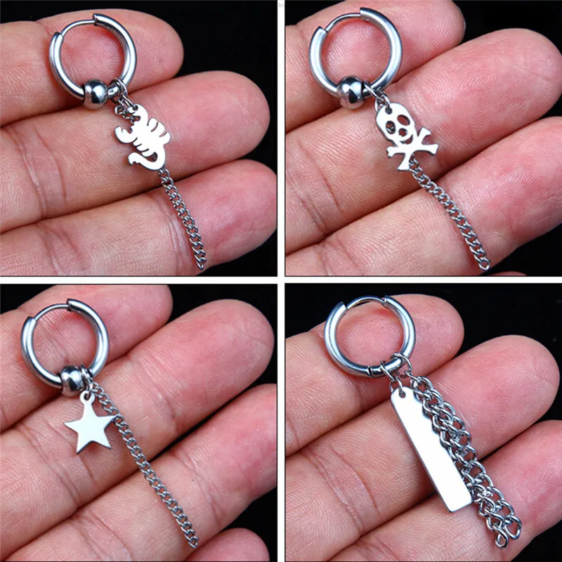 

1PC New Cross Titanium Steel Punk Men Earrings Black White Four Pendant Patterns Simple Male Ear Buckle 8 styles For Choose