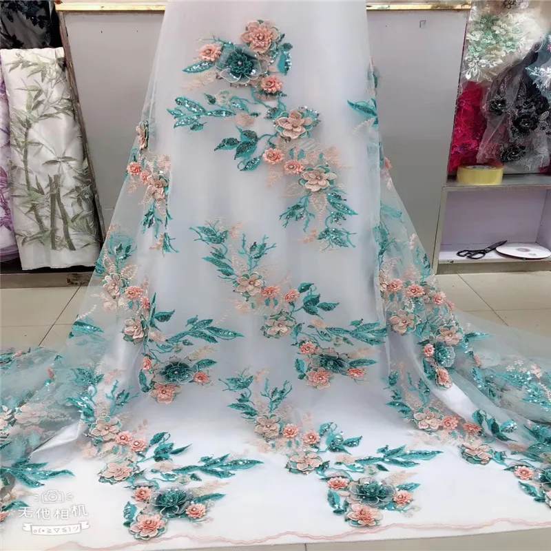 

3d lace fabric with Sequins 5yard fashion White african lace fabric 2018 high quality 3d flower fabric for dressA1310- 1