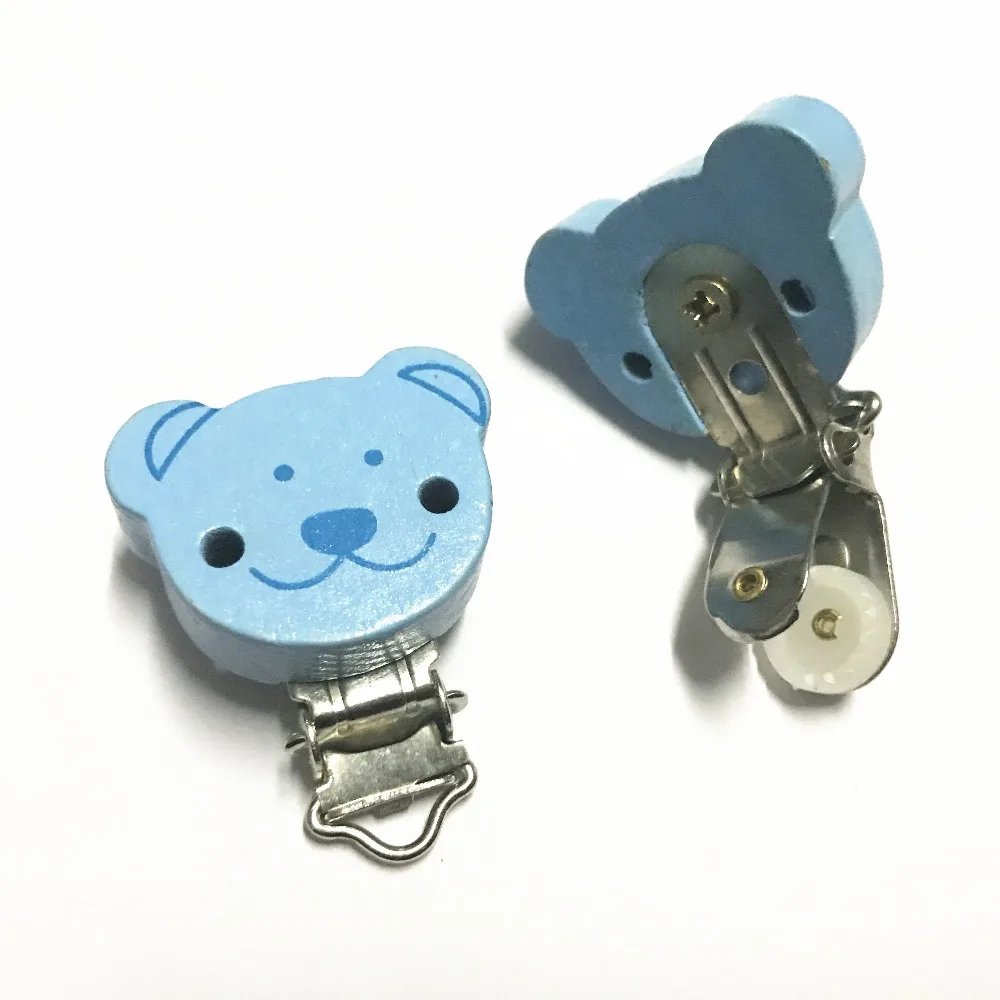 

5PCs Blue Baby Pacifier Clips Round coffee Bear Pattern Wood Metal Holders 4.3cm x3.5cm XP0270