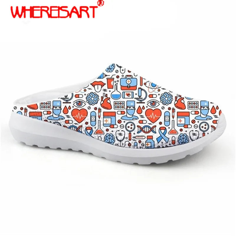 

WHEREISART Nurse Surgeon Printing Slippers for Women Slip-on Mesh Sandals for Females Non-Slip Home Slipper Ladies Nurse Shoes